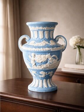 Vintage - Japan Blue Vase with White Cherub Angels - Wedgewood Style Handles